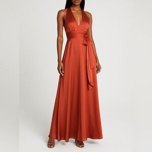 BCBGMAXAZRIA Silky Satin Evening Gown Dress Etruscan Red 2 NWT Plunge Open Back